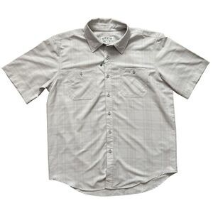 Orvis Mens Shirt Size L Gray Short Sleeve Button Up Pockets Sunglass Cleaner